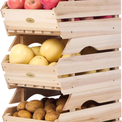 Wood Potato Onion Storage Bins - Wooden Stackable Produce Basket - Fruit Vegetable Storage for Kitchen Pantry Organization, Set 3 Pieces