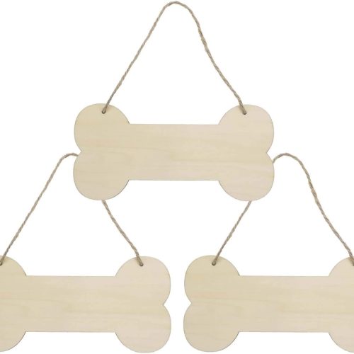 3 Pcs Dog Bone Wood Sign Blank Wooden Plaque Unfinished Wood DIY Crafts Hanging Sign with Ropes for Puppy Pet House Door Wall Decorative, 3.9x7.9 Inches (10x20 cm)