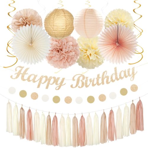 Champagne-Gold Beige 21st Happy-Birthday Party-Decorations - 31pcs Sweet 16 18th Women Girls Paper Lanterns Streamers Banner,Tissue Pom Poms Fans Tassels Graland Decor,Fall Boho Rose Backdrop Hugmoon