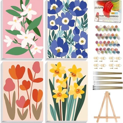 1 4 Pack Paint by Numbers Kit for Adults with Framed, Simple Flowers Easy Paint by Number Kits On Canvas with Wooden Easel, Floral Painting by Numbers for Beginner Gift Home Decor 8x12 in