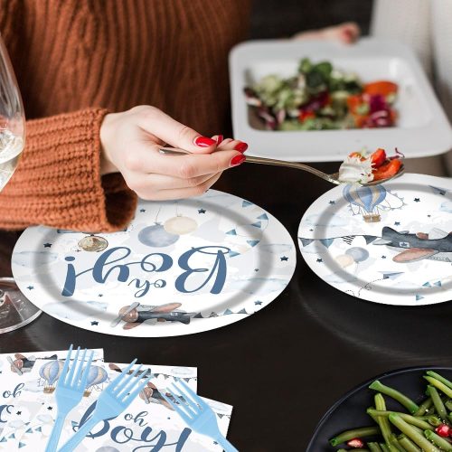 Airplane Baby Shower Party Tableware Set 96 Pcs Oh Boy Airplane Cloud Hot Air Balloon Decor for Boys Travel Adventure Disposable Plates Napkins Forks Decorations Serve 24 Guests