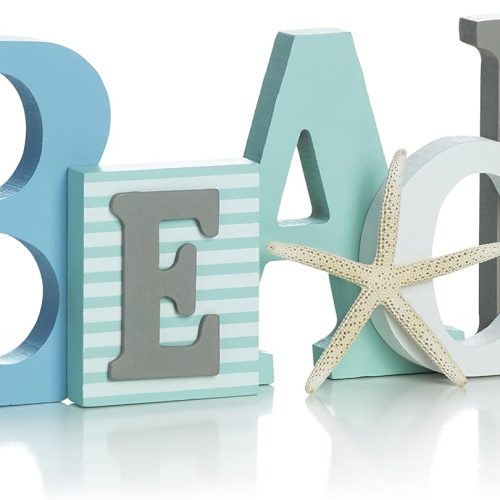 Wooden Beach Word Sign with Trio of Loose Starfish - Tropical Beach Home Decor