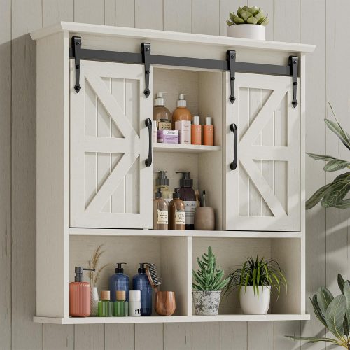 Bathroom Wall Cabinet, Farmhouse Medicine Cabinet with Double Sliding Barn Door and Adjustable Shelves, Wooden Vintage Storage Cabinet Wall Mounted for Bathroom, Kitchen Dining, White