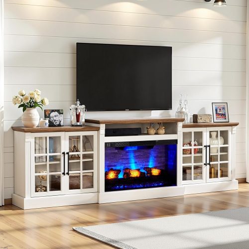 97" Farmhouse Fireplace TV Stand, Entertainment Center with Large Storage Space and Adjustable Shelf, Media Console for Living Room, White/Barnwood