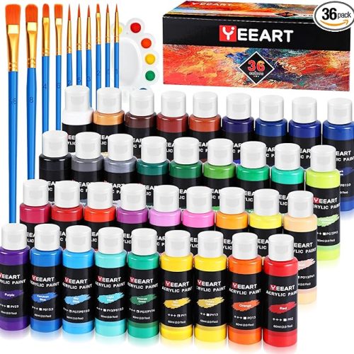 36 Colors Acrylic Paint Set, Yeeart Acrylic Paint, 2oz Bottles, Rich Pigmented Canvas Paint with Extra Metallic Color, Professional Craft Paint Kit, Premium Non-toxic Paints for Artists, Acrylic Paint Set for Adults, Art Supplies for Canvas Painting Rocks Wood Ceramic Model with 10 Brushes & Palette