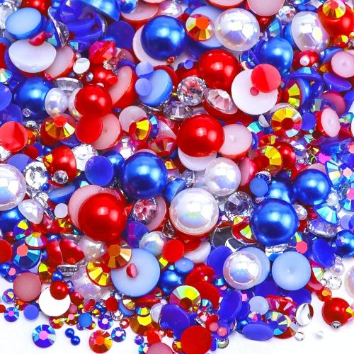 1 60g Mix Flatback Pearls and Flatback Rhinestones for Crafts, 2mm-10mm Pearl Rhinestones for Nails Face Art Tumblers, Jelly Rhinestones and Half Pearls, with Tweezers Wax Pen, White|Red|Blue
