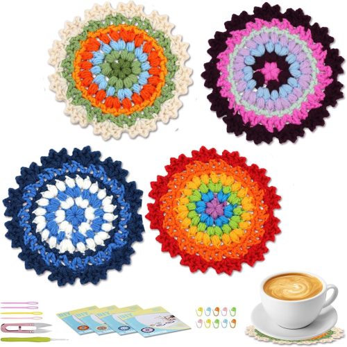 Crochet Kit for Beginners, 4 Pack Coasters Crochet Starter Kit with Instructions and Video Tutorials, Easy to Learn Crochet Kits for Adults, Knitting Kit for Beginner DIY Craft
