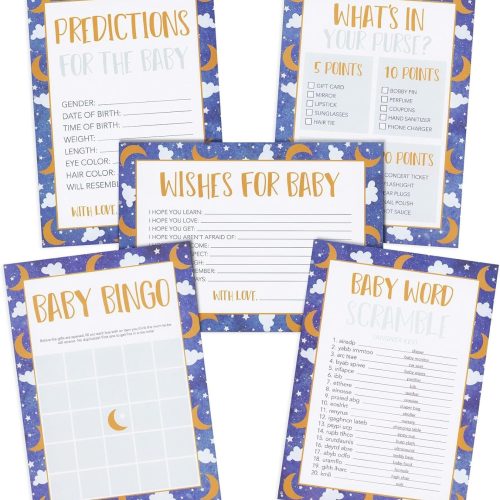 Moon & Star Theme Baby Shower Party Kit - 5 Activities, 251 Cards for 50 Guests - Space Cloud Baby Shower Card Games & Twinkle Little Star Bingo, Word Scramble Challenge