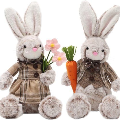 2 Pack Easter Bunny, 12.6" Handmade Huggable Rabbits Couple, Easter Basket Rabbits, Cute Bunny Party Favor Figurine, Spring Tabletop Holiday Room Decorations