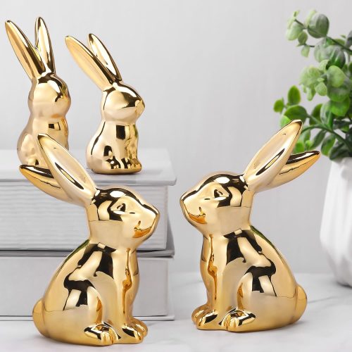 4 Pcs 4 Pcs Easter Decorations Golden Bunny Figurines Set 4.5'' and 3'' Ceramic Easter Rabbit Statue Vintage Bunny Figurine Gifts for Family Home Office Table Decor Spring Party Supplies (L, S)