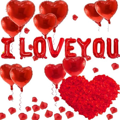 I Love You Balloons and Heart Balloons with 500 Pieces Rose Petals, Foil Mylar Love Balloon for Him/Her Wedding Anniversary Engagement Valentine Day Romantic Decorations Special Night Party Supplies
