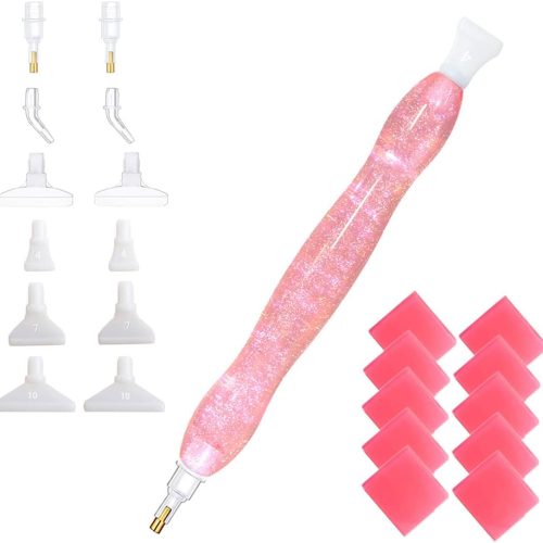 Handmade 5D Diamond Painting Art Drill Pen Kit Tool with 14pc Thin Tips and 10 Waxes Glitter Pink