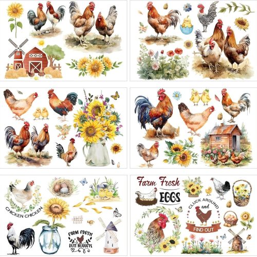 Chicken Rub on Transfers for Crafts - 6 Sheets Farm Rub on Transfer Stickers for Furniture Sunflower Rub on Transfers for Wood Glass Scrapbook DIY Home Decor 11.8x7.9 Inch