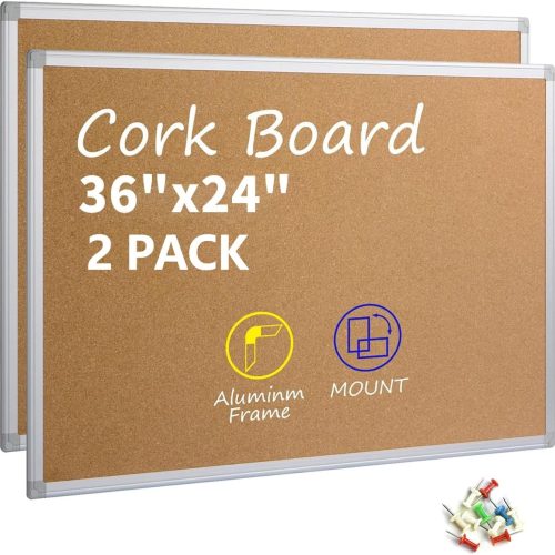 Cork Board Bulletin Board- Sliver Aluminum Frame Corkboard for Wall - Message Board, Vision Board, Pin Board with Hidden Hooks, Wall Mounted for Home Office School, 36 X 24 Inches,2 Pack