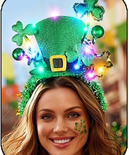 1 Light up St Patrick's Day Headband LED Green Leprechaun Top Hat Headband Shamrock Irish Hair Band Rave Holiday Costume Hair Accessories for Women