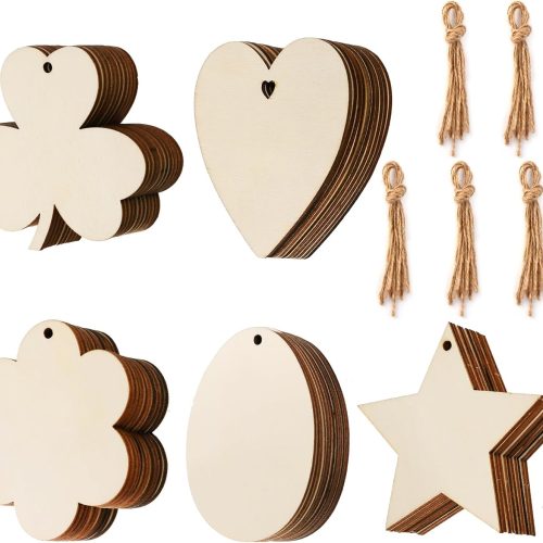 50 Pcs Unfinished Paintable Blank Wooden Spring Festival Decoration Ornaments, Valetine's Day Easter St.Patrick Tree Hanging Wood Slices for Kids DIY Art Crafts, Hearts,Stars, Eggs, Flowers