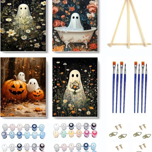 1 4 Pack Ghost Paint by Numbers Kit for Adults with Frame,Halloween Paint by Number with Wooden Easel DIY Landscape Adult Paint by Number Kits for Home Decor 9x12inch
