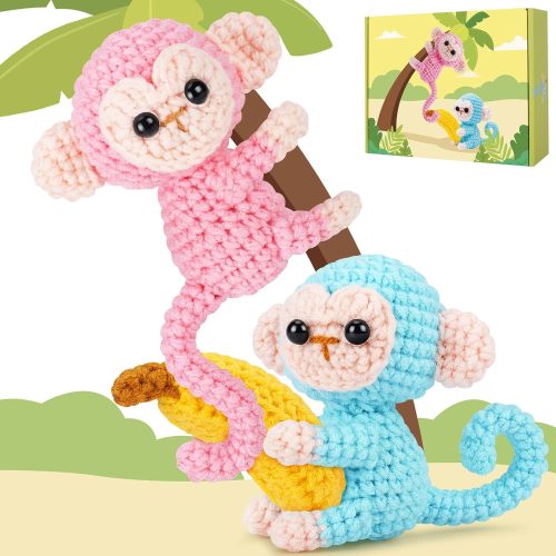 Crochet Kit for Beginners - 2 PCS Monkey with Banana Crochet Kits with Step-by-Step Video Tutorials, Beginner Crochet Kit for Adults, Crochet Monkey Kit (Blue & Pink)