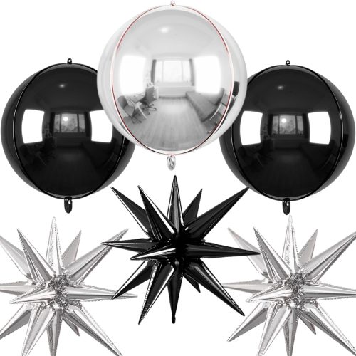 6pcs 22 inch Black Silver Star Balloons and 4D Large Foil Balloons, Black Foil Star Balloon Silver 4D Aluminum Balloon For Birthday Baby Shower Party Wedding Anniversary Graduation New Year Decoration