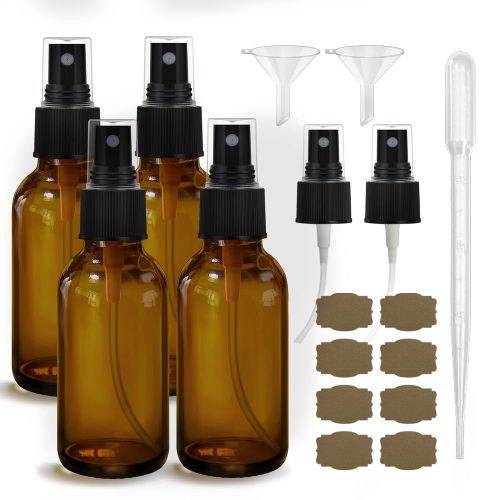 1 Amber Glass Spray Bottles 4oz,Small Empty Glass Spray Bottle Fine Mist Spray Refillable Containers,Mini Travel Spray Bottles set of 4,Included 6 Sprinkler,2 Funnels,1 Droppers,8 Labels