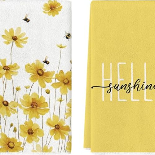 Yellow Flowers Bee Hello Sunshine Spring Kitchen Towels Dish Towels, 18x26 Inch Summer Holiday Decoration Hand Towels Set of 2