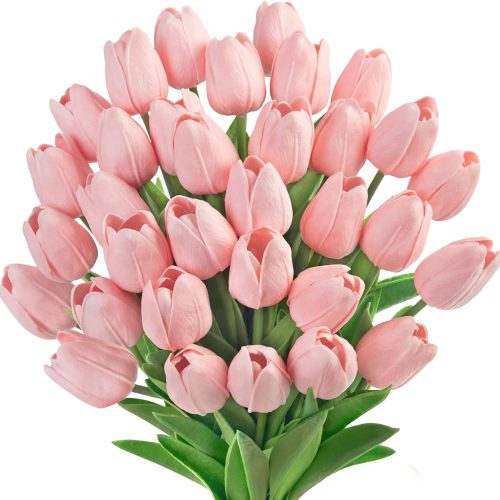 30 Pcs Pink Tulips Artificial Flowers Real Touch PU Faux Flowers Fake Tulips Stems for Spring Summer Bouquet Floral Room Table Party Wedding Easter Mothers Gifts Home Decorations