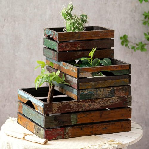 Set of 3 Rustic Distressed Wood Nesting Crates, Farmhouse Decorative Wooden Storage Boxes, Large Vintage Reclaimed Wood Baskets for Display (Random)