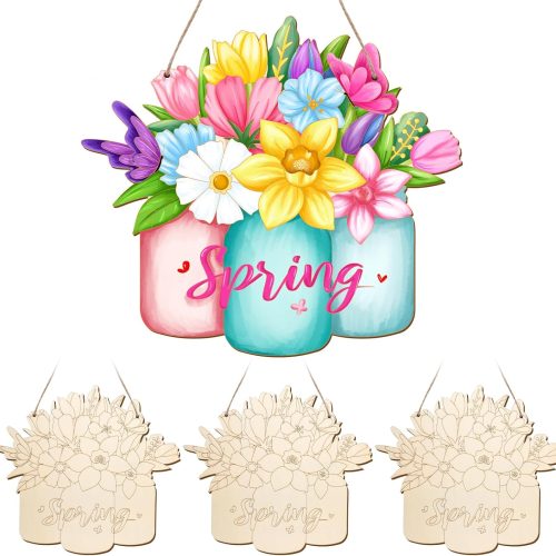 Paintable Spring Ornaments 3 Sets, Wooden Spring Ornaments to Paint, Unfinished Spring's Flowers Wreaths Wood Crafts for Painting, Wood Cutouts DIY Ornament for Kids Adults Door Decor (Spring