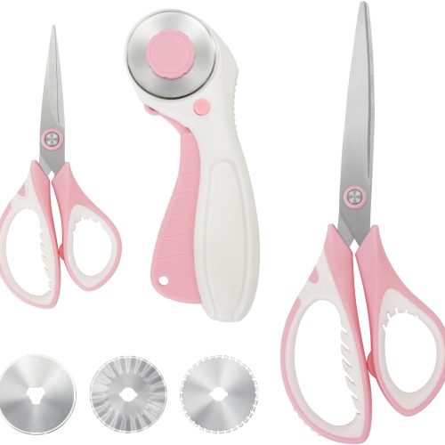 Pink Professional Sewing Scissors Set: Big and Small Scissors, Rotary Cutter with 3pcs Extra Blades for Cutting Fabric