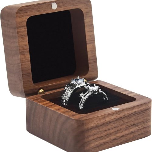 Wooden Ring Box for Wedding Ceremony 2 Slots,Small Square Solid Wood Double Ring Holder Case Box,Vintage Ring Bearer Box for Engagement Proposal,Rustic Jewelry Gift Storage Box-Black