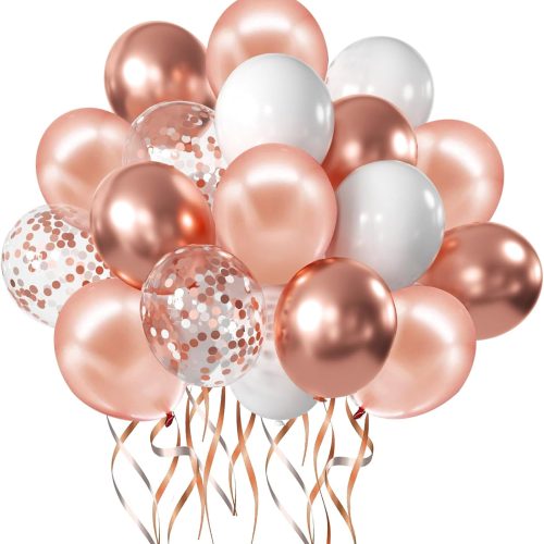 Rose Gold Confetti Balloons, 50 Pack 12 inch White and Rose Gold Latex Balloons with 33 Feet Rose Gold Ribbon for Birthday Party Wedding Graduation Bridal Shower Decorations.…