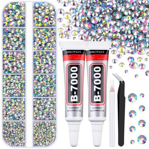 1 5000 PCS Flatback Rhinestones for Crafting and 3PCS B7000 Glue (Pack 2), 2 Boxes of Rainbow Resin Rhinestones Gems Charms for Bedazzling DIY Crafts Fabric Clothing Tumblers Shoes Nail Art
