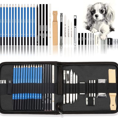 1 33 Pro Drawing Kit Sketching Pencils Set,Portable Zippered Travel Case-Charcoal Pencils, Sketch Pencils, Charcoal Stick,Sharpener,Eraser.Art Supplies for Artists Beginner Adults Teens
