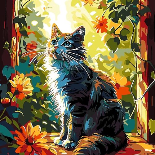 Cat Paint by Numbers Kit for Adults,Animal Cat Paint by Number Kit Canvas, DIY Window Flower Paint by Numbers Easy for Living Room Decor Gift 16x20 Inch