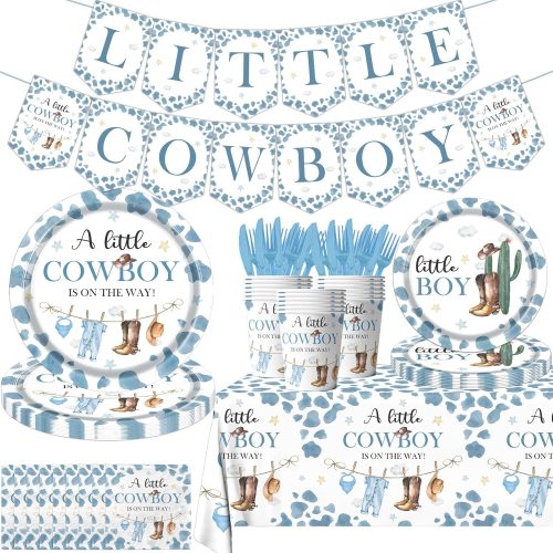 142pcs Cowboy Baby Shower Decorations Western Baby Boy Plates and Napkins Set A Little Cowboy Baby Shower Tableware for Wild West Rodeo Birthday Party Supplies