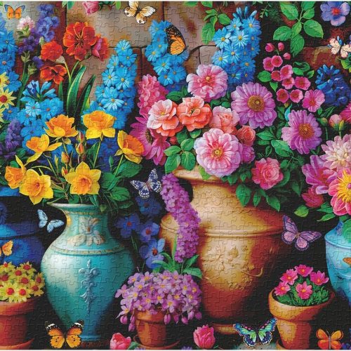 Flowers Puzzles for Adults 1000 Pieces, Retro Rainbow Rose Flower Vases Jigsaw Puzzles, Spring Plant Butterfly Puzzles as Floral Home Decor