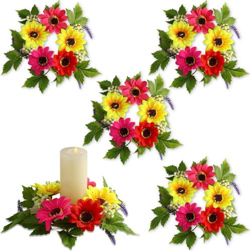 4 Pcs Summer Candle Rings Wreaths 3. 15 Inch Center Floral Pillar Candle Rings Artificial Gerbera Daisy Flowers Table Centerpieces Summer Small Wreaths for Tapers Wedding Party