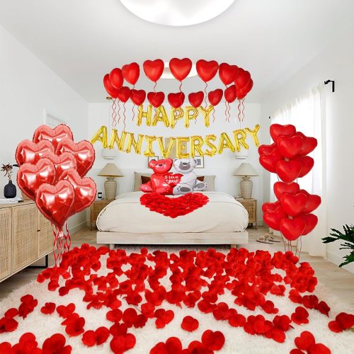 Happy Anniversary Decorations For Valentines Day,Romantic Love Anniversary Balloons For Boyfriend Girlfriend Husband Wife With Happy Anniversary Banner Red Rose,Big Love-bear Heart Balloons