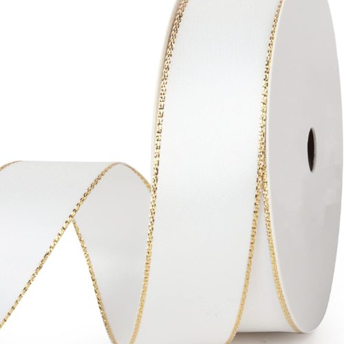White Double Faced Satin Ribbon with Gold Edge, 1” Polyester Continuous Ribbon -25 Yards,Wide Ribbon for Gift Wrapping,Wedding,Bows Bouquet,Floral Arrangement and Craft