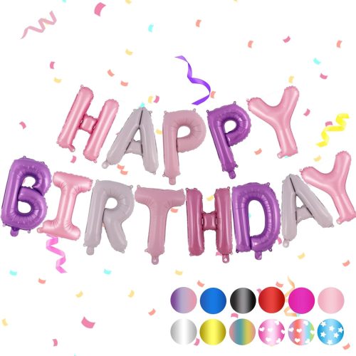 Purple Pink Mylar Foil Birthday Banner - 16 Inch Happy Birthday Letters, Sign Balloons for Party Decorations