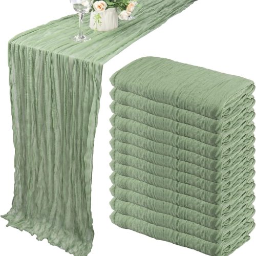 12 Pack 10Ft Cheesecloth Table Runner 35x120 Inch Boho Gauze Table Runner Cheese Cloth Long Romantic Table Runners for Wedding Bridal Shower Birthday Party Table Decor (Dusty Sage Green)