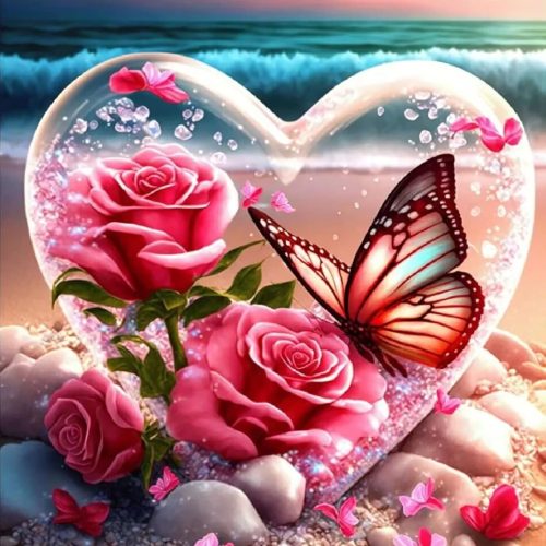 Beach Diamond Painting Kits for Adults, Flowers Heart Diamond Art Kits, 5D DIY Full Drill Seaside Butterflies Paint with Diamonds, Crystal Gem Art for Home Wall Decor 12 x 16 Inch