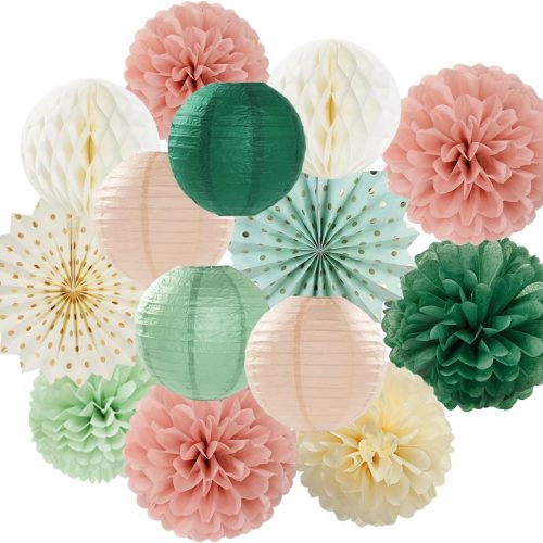 Sage-Green Pink-Beige Boho Party-Decorations Streamers - 14pcs Rustic Neutral Wedding Olive Paper Honeycomb Lanterns Fan,Birthday Baby Bridal Shower Engagement Decor Lasting Surprise