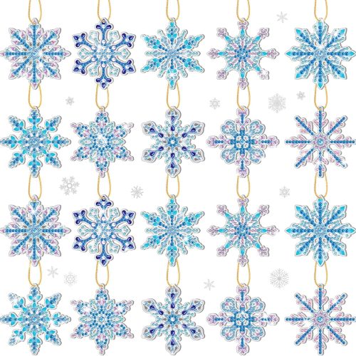 20 Pcs Winter Christmas Snowflakes Diamond Painting Ornaments 5D DIY Diamond Painting Tags Christmas Hanging Art Kits Winter Snowflake Crystal Ornaments for Kids Art Crafts(Blue,Elegant)