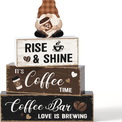4 Pcs Coffee Bar Table Decorations Centerpieces Coffee Bar Wooden Signs Farmhouse Brown White Gnome Cafe Rustic Wood Block Gifts for Tiered Tray Mantel Shelf Home Cafe Lover Kitchen