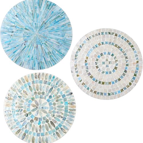 1 3 Pcs 11.8 Inches Spring Summer Blue Mother of Pearl Shell Plate Coastal Wall Art Mosaic Wall Sculpture Shell Handmade Hanging Plates Arts for Bedroom Bathroom Home Office Hotel