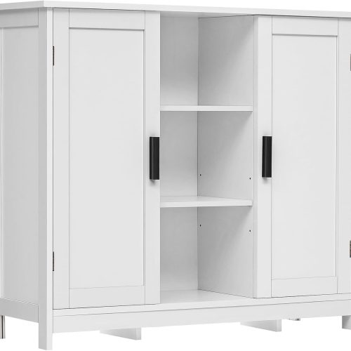 1 Storage Cabinet with 2 Doors and 4 Storage Shelves, Credenza Buffet Cabinet, Bathroom Cabinet for Living Room, Entryway, Home Office, White