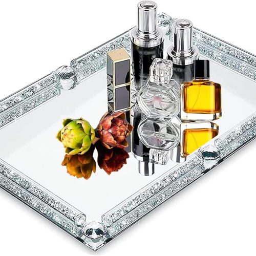 1 Crystal Glass Tray, Modern Mirror Jewelry Dresser Trinket Trays with Crushed Diamond, 11.8" x 7.9"Rectangular Makeup Perfume Tray for Bathroom Bedroom, Home Decor, Hotel Banquet, Party(Silver)