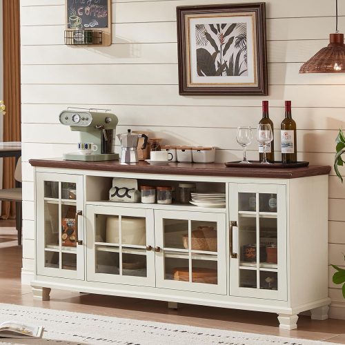 1 Large Sideboard Buffet Cabinet with Storage, Vintage White Farmhouse 60" Wide Credenza Accent Cabinets with Glass Doors & Wood Legs, Kitchen Coffee Bar Table for Dining Room, Living Room