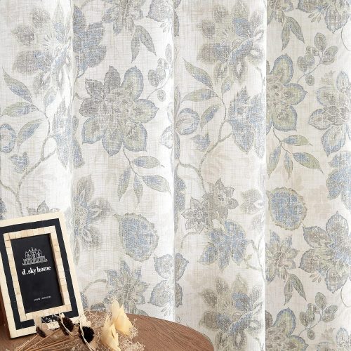 1 Central Park Floral Botanical Light Filtering Curtain Panel with Green and Blue Leaf for Rustic Farmhouse Linen Texture Grommet Top Window Treatment Drapes for Living Room Bedroom 52"x84", 2 Panels